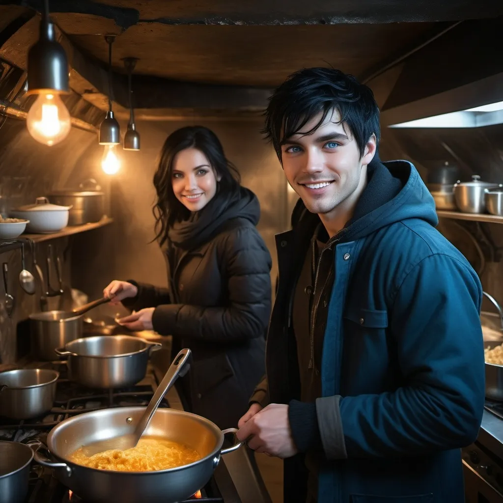 Prompt: handsome, black hair, blue-eyed young man, innocent face,  grinning, underground, cooking in the kitchen, with his wife intense atmosphere, dramatic  low  professional lighting, winter, post apocalyptic urban fantasy setting, dramatic lighting, intricate architectural details, high quality, realistic fantasy, urban setting, detailed expressions, dramatic lighting, 