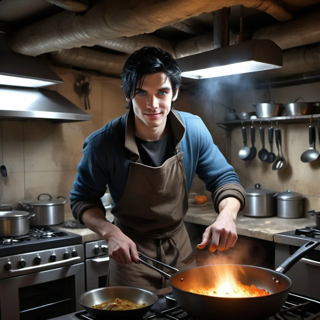 Prompt: handsome, black hair, blue-eyed young man, innocent face,  smiling, underground, cooking in the kitchen with his wife intense atmosphere, dramatic  low  professional lighting, winter, post apocalyptic urban fantasy setting, dramatic lighting, intricate architectural details, high quality, realistic fantasy, urban setting, detailed expressions, dramatic lighting, 