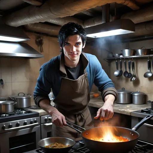Prompt: handsome, black hair, blue-eyed young man, innocent face,  smiling, underground, cooking in the kitchen with his wife intense atmosphere, dramatic  low  professional lighting, winter, post apocalyptic urban fantasy setting, dramatic lighting, intricate architectural details, high quality, realistic fantasy, urban setting, detailed expressions, dramatic lighting, 