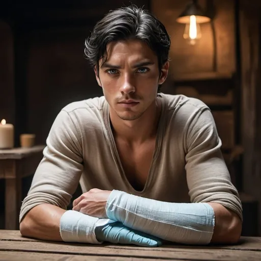 Prompt: handsome  young, black hair young man with icy blue eyes, sickly, thin, skinny, sickly, injured, classic hand injury wrap, both wrists with bandage,  injured western setting, world, resistance, rebels, underground, gritty, sitting a table
