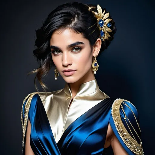 Prompt: Ingush , Sofia Boutella-like woman in a medieval style black silk and shimmering gold dress, adorned with blue and gold jewels, gold coiling bands on arms, pearl rings on fingers, hair swept up high and cascading onto left shoulder, high fashion, detailed facial features, luxurious material, highres, elegant, glamorous, sophisticated, shimmering, opulent, detailed hair, professional lighting Ingush