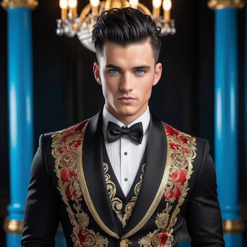 Prompt: Handsome 25-year-old with black hair, mohawk, and intense blue eyes, wearing a black dinner jacket with ornate gold and red thread designs, polished black boots, high quality, detailed, realistic, sophisticated, elegant, stylish, , mohawk, intense blue eyes, ornate dinner jacket, royal dinner setting, black hair, polished boots, realistic lighting