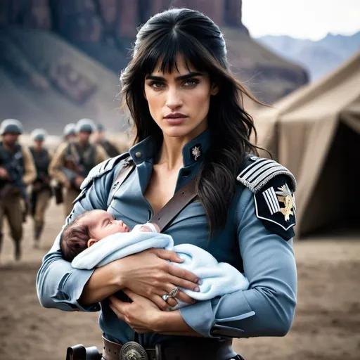 Prompt: beautiful woman  soldier with sofia Boutella while holding a baby with one arm, dusty western setting, handsome dark hair man with icy blue eyes, mamabear, defender,  intense action, realistic, rugged, dramatic lighting, midwest, high quality, action, dramatic, midwestern, intense, detailed faces, strong woman, dynamic composition