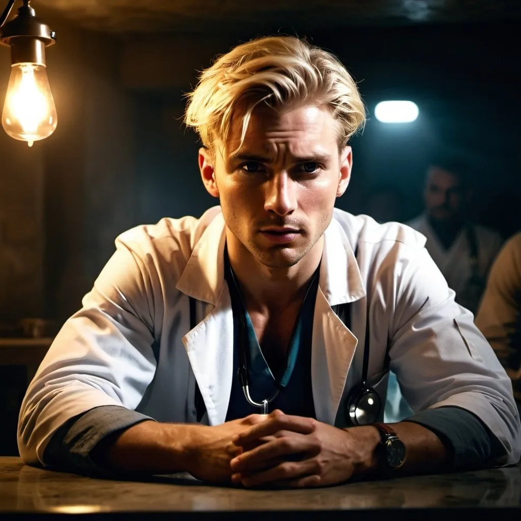 Prompt:  male physician Victatrain,  young, blond male, battle weary, worry, resistance, rebels, injured, underground, gritty, sitting a table, cinematic, dramatic, moody lights

