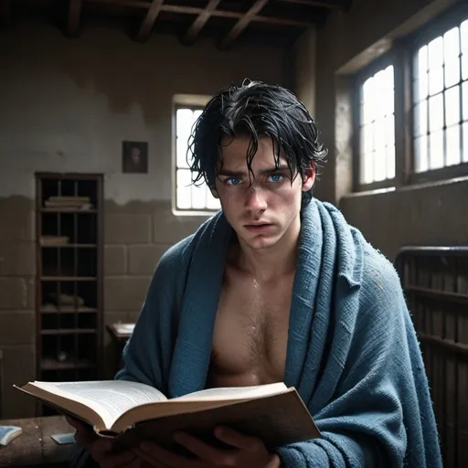 Prompt:  wet hair soaked, exhausted young man with black hair and blue eyes,  wrapped  in a gray wool blanket, Holds a open book in front of him. Book has a blue Council stamp, rustic prison cell room, no room, one caged light.
   injured, resistance, rebels, underground, cinematic, dramatic, moody lighting, gritty, table scene, detailed facial expressions, professional, highres, cinematic lighting, dramatic storytelling