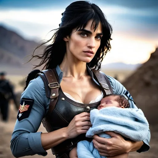 Prompt: beautiful woman  soldier with sofia Boutella fwhile holding a baby with one arm, dusty western setting, handsome dark hair man with icy blue eyes, mamabear, defender,  intense action, realistic, rugged, dramatic lighting, midwest, high quality, action, dramatic, midwestern, intense, detailed faces, strong woman, dynamic composition