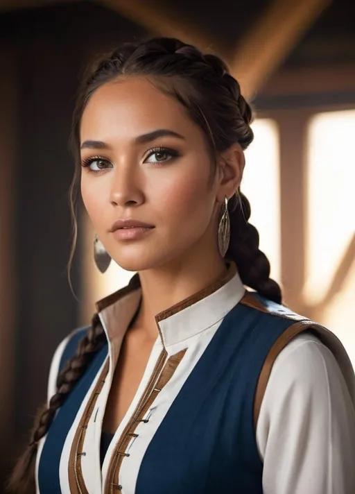 Prompt: native american features, Futuristic character in 2880, , brown golden eyes, long white sleeves rolled up, conservative blue vest of rough materials, neatly tied black top braid, high-quality, detailed, futuristic, historical, vintage, detailed eyes, professional, atmospheric lighting, classic tones