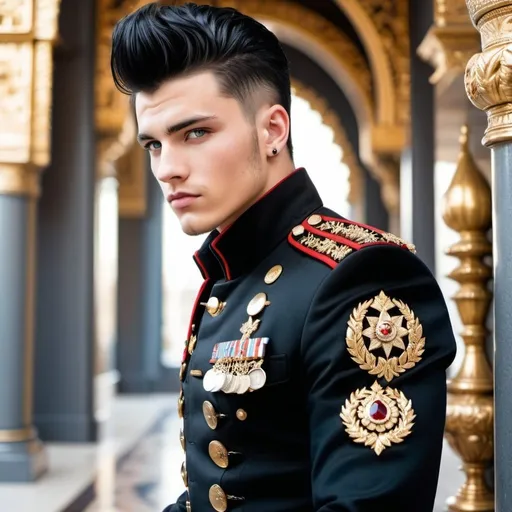 Prompt: a handsome  strong, 20-year-old man with black hair,  war veteran, war, mohawk, blue eyes, black jacket with ornate, stitches and pieces that made it fit perfectly, Gold and red thread glimmered ornate designs over the entire thing and the gold jewled buttons.  black polished miltary boots 