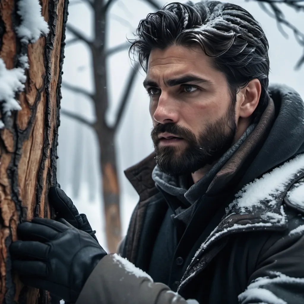 Prompt: (handsome bearded man disarming handsome dark hair 16 year male at the base of a tree), confrontation, snowy landscape, harsh cold atmosphere, brutal scene with evident injuries, rugged textures, dramatic lighting emphasizing shadows, War zone intricate details in tree bark and snowy ground, moody and gritty ambiance, ultra-detailed, high quality 4K resolution.