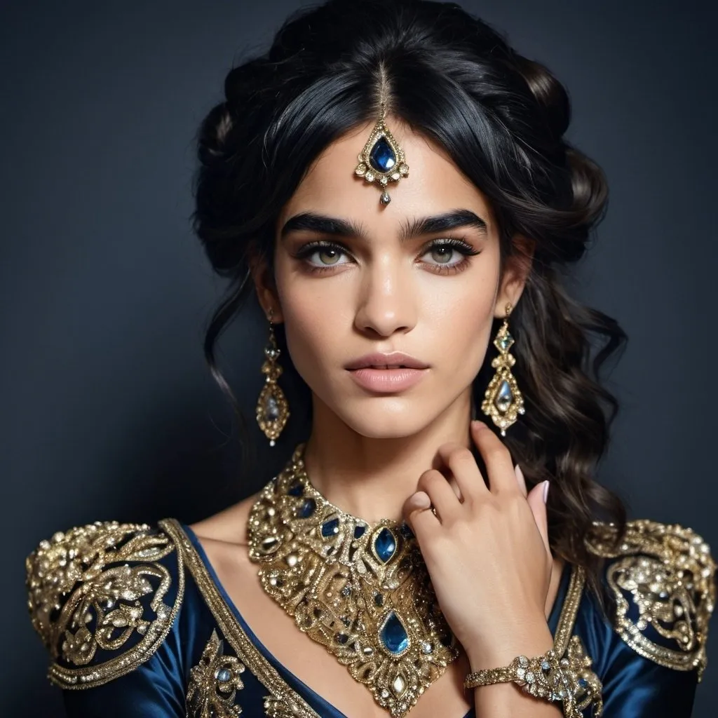 Prompt: Ingush , Sofia Boutella-like woman in a medieval style black silk and shimmering gold dress, adorned with blue and gold jewels, gold coiling bands on arms, pearl rings on fingers, hair swept up high and cascading onto left shoulder, high fashion, detailed facial features, luxurious material, highres, elegant, glamorous, sophisticated, shimmering, opulent, detailed hair, professional lighting Ingush