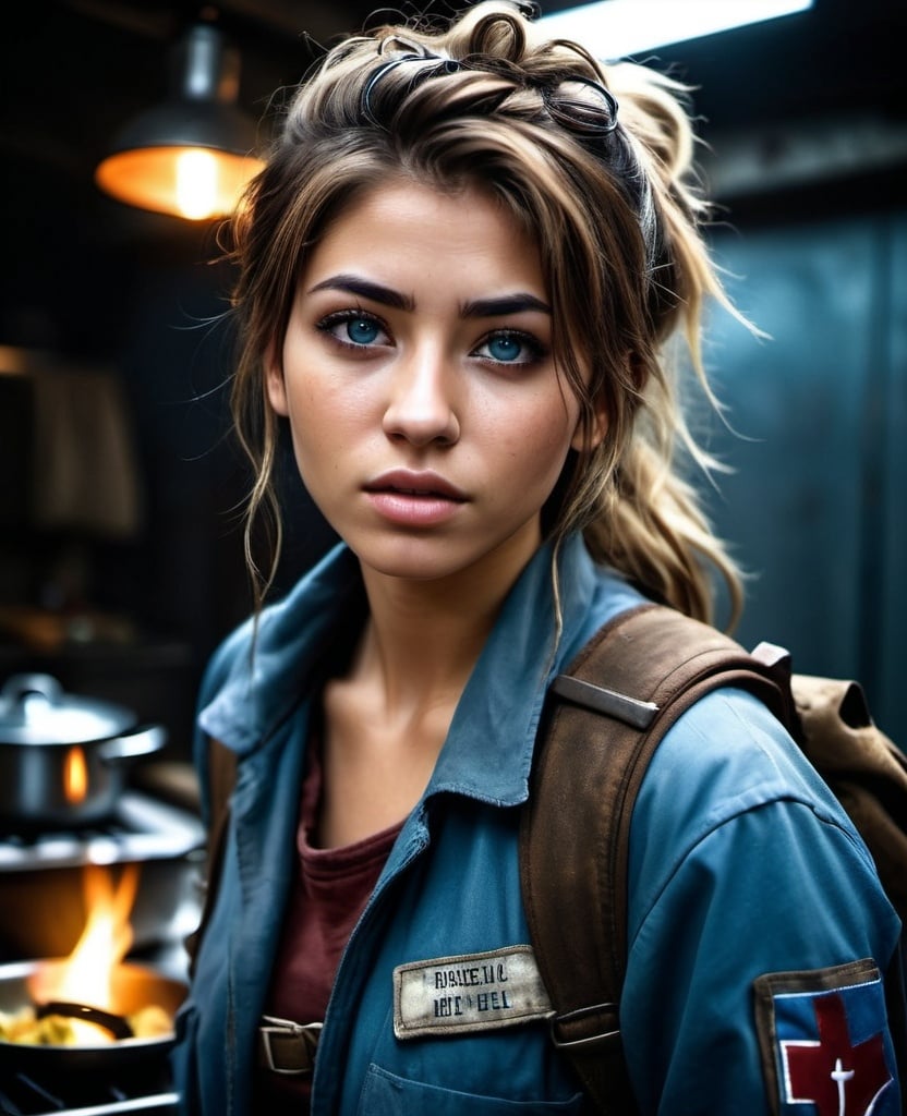 Prompt: Kianna, average looking, young rugged, homeless, 19 year old girl, baggy clothes, loves to cook, cinematic, heroic, pie, omlette, epic lighting, cool tones, detailed eyes, professional, gritty atmosphere, intense atmosphere, dramatic low professional lighting, post-apocalyptic setting, detailed eyes, highres, intense atmosphere, professional lighting, post-apocalyptic,, dramatic, rebel medic, blue tones