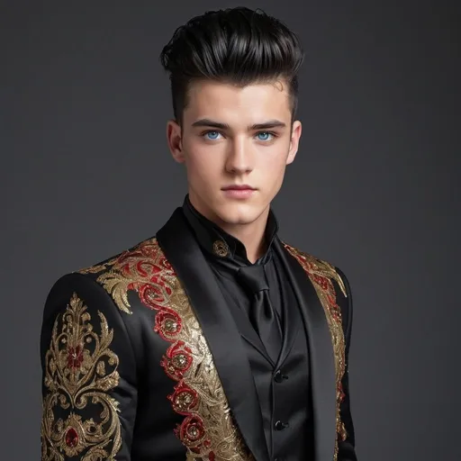 Prompt: Handsome 20-year-old with black hair, mohawk, and intense blue eyes, wearing a black dinner jacket with ornate gold and red thread designs, polished black boots, high quality, detailed, realistic, sophisticated, elegant, stylish, , mohawk, intense blue eyes, ornate dinner jacket, gold and red thread, black hair, polished boots, realistic lighting