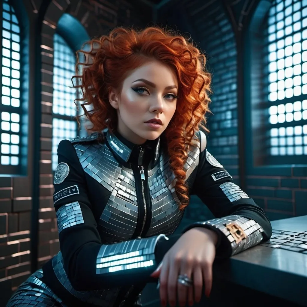 Prompt: Savvy scrappy girl in patched winter clothes, sitting in a futuristic brick prison cell, curly red hair framing her face, being whipped in very ornate wood office by SS officers, detailed clothing textures, highres, ultra-detailed, futuristic, prison, curly hair, scrappy fashion, cool tones, dramatic lighting