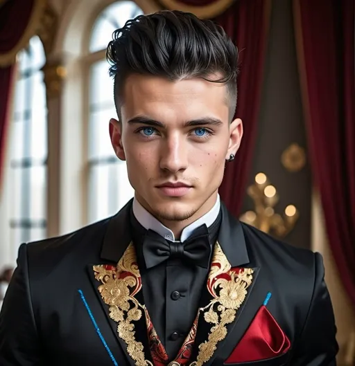 Prompt: Handsome 24-year-old with black hair, mohawk, and intense blue eyes, wearing a black dinner jacket with ornate gold and red thread designs, rebels, scarred, sophisticated, elegant, stylish, , mohawk, royal dinner setting, future, rebels, war, refugee
