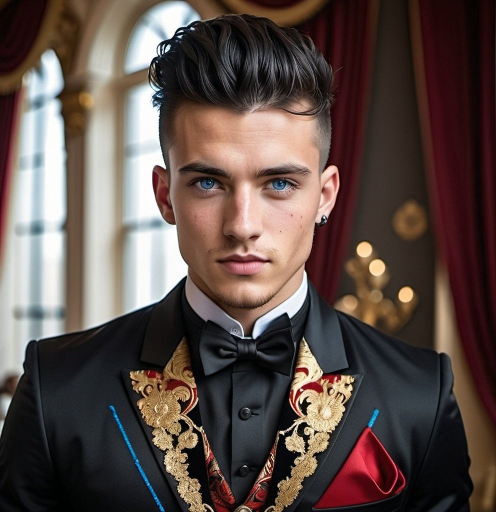 Prompt: Handsome 24-year-old with black hair, mohawk, and intense blue eyes, wearing a black dinner jacket with ornate gold and red thread designs, rebels, scarred, sophisticated, elegant, stylish, , mohawk, royal dinner setting, future, rebels, war, refugee
