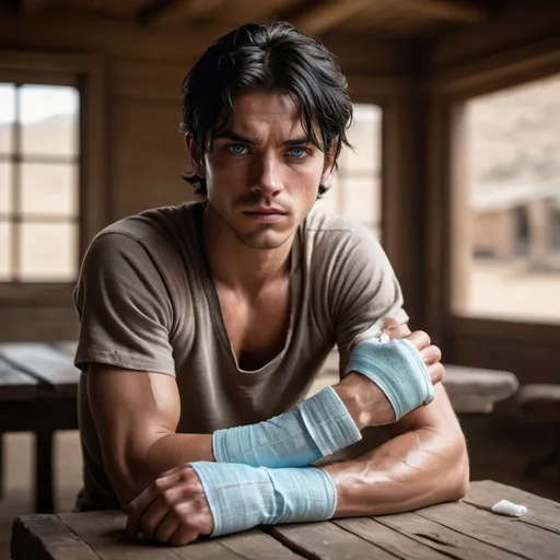 Prompt: handsome  young, black hair young man with icy blue eyes, sickly, thin, skinny, sickly, injured, classic hand injury wrap, both wrists with bandage,  injured western setting, world, resistance, rebels, underground, gritty, sitting a table
