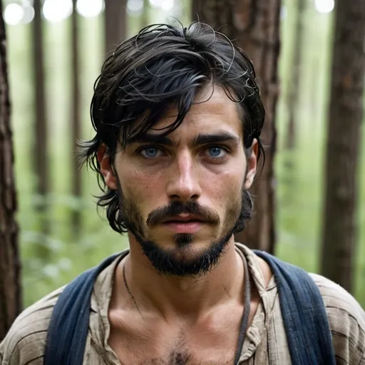 Prompt: Handsome but starved, thin, 22-year-old with longish black hair and  long bangs, gaunt, beard and intense blue eyes, bruises, convict, thin, heavy beard, escaped at night, injured, in woods,  big beard, escaping 1880's prison, tattered , poor ripped, old, dirty clothes, gaunt, battle injury, future, poverty, rebels, war, refugee rebels, gritty, escape, on the run, evade, night time, facial hair