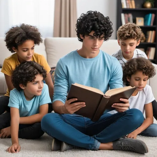Prompt: handsome, short black hair, icy blue eyed teen male  sits the floor of the large living room, with four curly hair children  hanging over his shoulders from the seat of the chair he leaned on. He was reading to them,