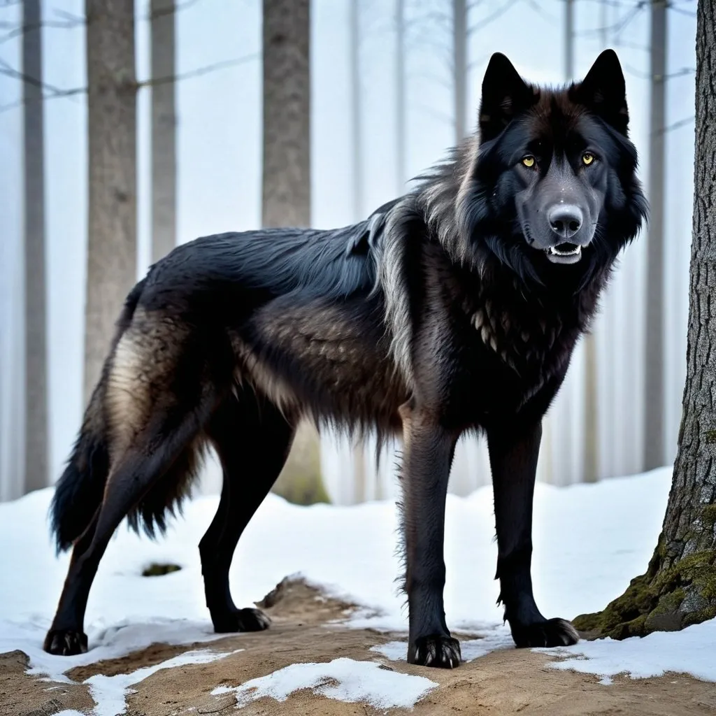 Prompt: It should have attacked by now, and Elias risked a glance up, Finally ready to face the monster, to face his death, he instead saw a matted gray and haggard dog. Enormous indeed but a dog nonetheless. Not a wolf. It looked at him with zero sign of aggression, as it put out a paw to him. 
