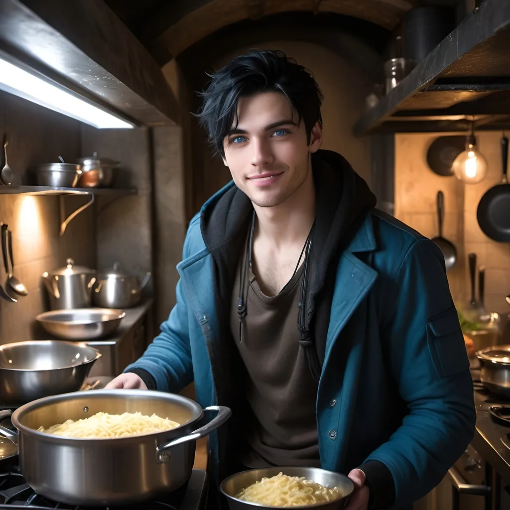 Prompt: handsome, black hair, blue-eyed young man, innocent face,  smiling, underground, cooking in the kitchen, intense atmosphere, dramatic  low  professional lighting, winter, post apocalyptic urban fantasy setting, dramatic lighting, intricate architectural details, high quality, realistic fantasy, urban setting, detailed expressions, dramatic lighting, 