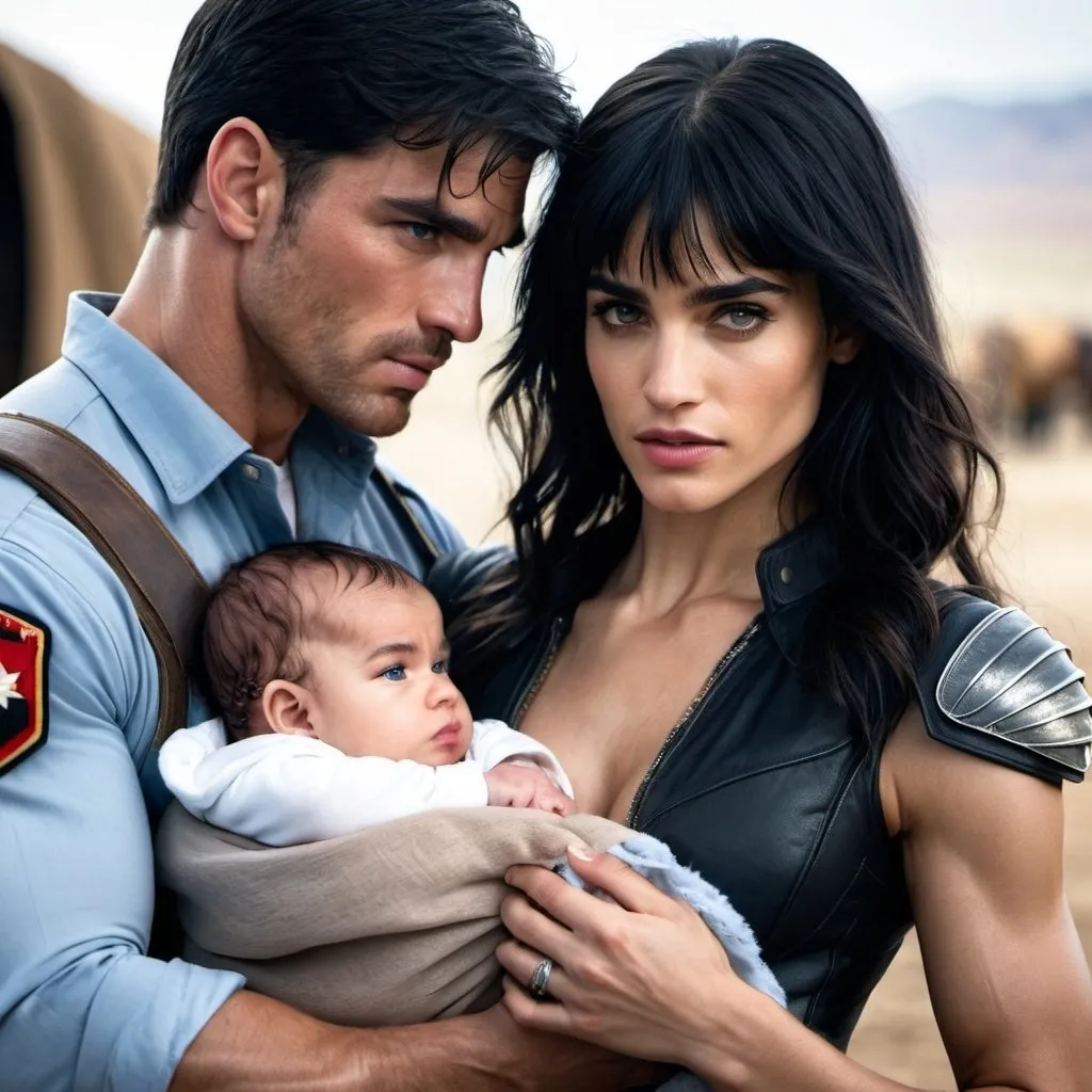 Prompt: beautiful woman  with sofia Boutella features fights off soldier while holding a baby with one arm, dusty western setting, handsome dark hair man with icy blue eyes, mamabear, defender,  intense action, realistic, rugged, dramatic lighting, midwest, high quality, action, dramatic, midwestern, intense, detailed faces, strong woman, dynamic composition