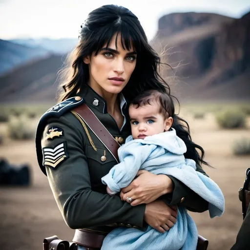 Prompt: beautiful woman  soldier with sofia Boutella while holding a baby with one arm, dusty western setting, handsome dark hair man with icy blue eyes, mamabear, defender,  intense action, realistic, rugged, dramatic lighting, midwest, high quality, action, dramatic, midwestern, intense, detailed faces, strong woman, dynamic composition