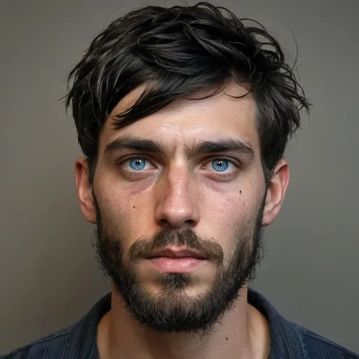 Prompt: Handsome but starved, holocaust thin, emaciated, 22-year-old with longish black hair and  long bangs, gaunt, beard and intense blue eyes, bruises, convict, thin, heavy beard, escaped at night, injured, in metal dump,  big beard, escaping 1880's prison, tattered , poor ripped, old, dirty clothes, gaunt, battle injury, future, poverty, rebels, war, refugee rebels, gritty, escape, on the run, evade, night time, facial hair, sorrowful