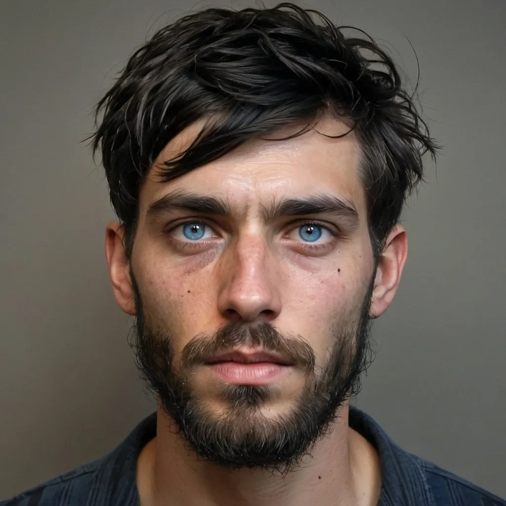 Prompt: Handsome but starved, holocaust thin, emaciated, 22-year-old with longish black hair and  long bangs, gaunt, beard and intense blue eyes, bruises, convict, thin, heavy beard, escaped at night, injured, in metal dump,  big beard, escaping 1880's prison, tattered , poor ripped, old, dirty clothes, gaunt, battle injury, future, poverty, rebels, war, refugee rebels, gritty, escape, on the run, evade, night time, facial hair, sorrowful