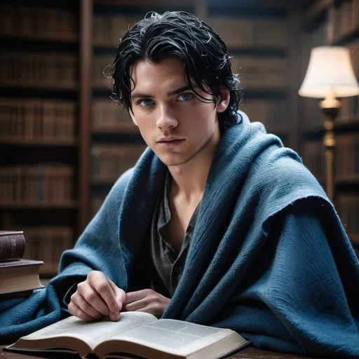 Prompt:  wet hair soaked, young man with black hair and blue eyes,  wrapped  in a gray wool blanket, Holds a open book in front of him. Book has a blue Council stamp from the forbidden part of the library. 
   injured, resistance, rebels, underground, cinematic, dramatic, moody lighting, gritty, table scene, detailed facial expressions, professional, highres, cinematic lighting, dramatic storytelling