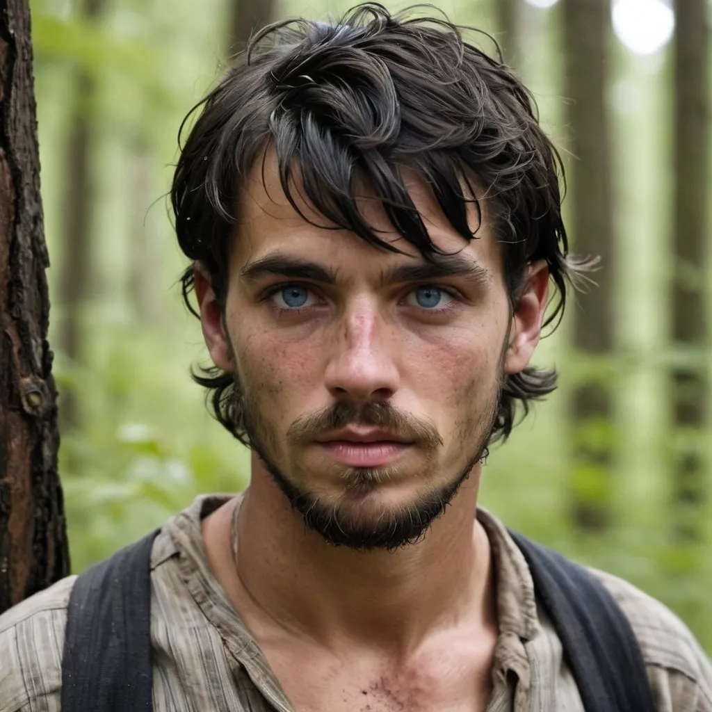 Prompt: Handsome but thin, 22-year-old with longish black hair and bangs, gaunt, beard and intense blue eyes, bruises, convict, thin, escaped, injured, in woods,  big beard, escaping 1880's prison, tattered , ripped, old, dirty clothes, gaunt, battle injury, future, rebels, war, refugee rebels, gritty, 