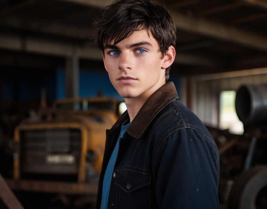 Prompt: Realistic, high-quality portrait of an 18-year-old male,  strong, intense gaze, serious expression, bright blue eyes, long unkempt black hair with bangs, iron worker in a junkyard setting, wearing a brown jacket,blue collar, intense gaze, serious expression, junkyard setting, realistic, professional, atmospheric lighting