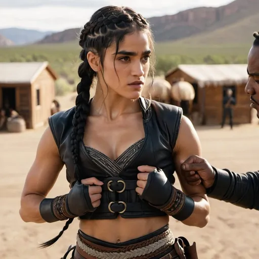 Prompt:   woman with braided hair and sofia Boutella features poised in a stance to defend herself in a fight, a baby in papoose is strapped to her chest, and  western, set in travel, midwest
