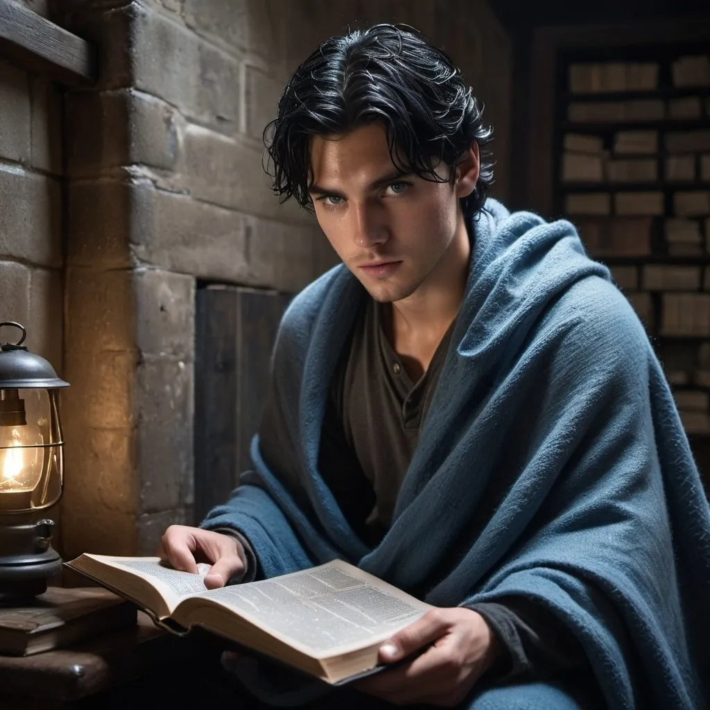 Prompt:  wet hair soaked, young man with black hair and blue eyes,  wrapped  in a gray wool blanket, Holds a open book in front of him. Book has a blue Council stamp, rustic prison cell room, no room, one caged light.
   injured, resistance, rebels, underground, cinematic, dramatic, moody lighting, gritty, table scene, detailed facial expressions, professional, highres, cinematic lighting, dramatic storytelling