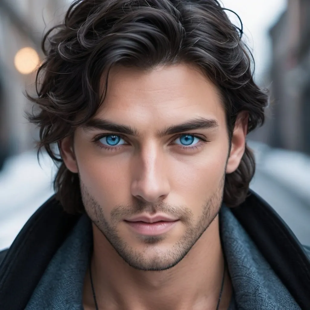 Prompt: Discover the allure of this dark, handsome powerful god.  Icy blue eyes, 
 Explore the charisma and charm that captivate hearts. Homeless and Dark hair. #HandsomeMen #MysteryMan #Charming #darkhandsomemale A God,