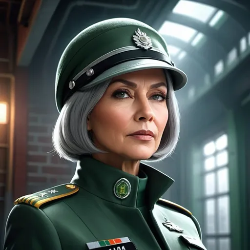 Prompt: futuristic Warden of industrial brick prison, tall older woman in futuristic military attire, gray straight bob, green uniform, kind-faced, warm expression, high quality, digital painting, realistic, cold tones, professional lighting, winter, gritty, industrial, detailed, inviting atmosphere