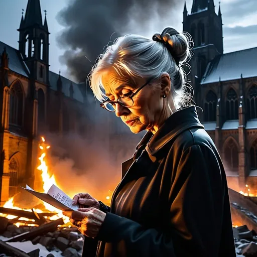 Prompt:  old woman hair in a bun. watching the burning. weeping.  elegant in her stature, her demeanor,. she was holding her glasses and a small piece of paper in her hand. sad, sorrowful
night time, Enormous gothic black cathedral on rocky outcrop,  Square church towers, fire brigade struggling with flames, rebel resistance fighters in warzone, corpes in debris, gritty dark cinematic, future wars, Nighttime,  snow setting, winter, low black clouds, underground, no spires, intense firefight, dramatic lighting, highres, cinematic, detailed rubble, gothic architecture, war-torn, intense atmosphere, fiery glow,, atmospheric lighting, winter scene, snowing