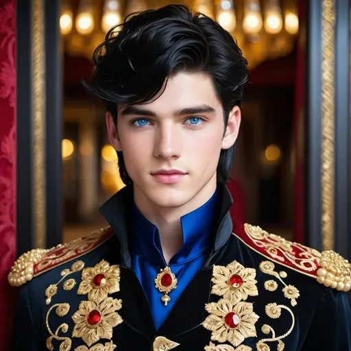 Prompt: a handsome 20-year-old man with black hair and blue eyes,clothes, said he’d match her for the evening. It was a black jacket with strange stitches and pieces that made it fit perfectly, Gold and red thread glimmered ornate designs over the entire thing and the buttons were made of solid gold. He’d worn his own boots but they had polished them 