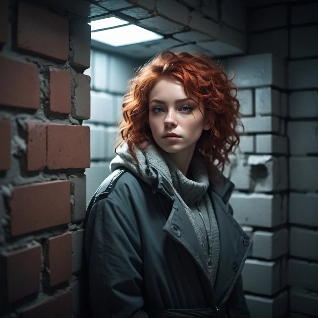 Prompt: futuristic brick prison cell with scrappy girl, winter clothes, curly red hair, relaxed posture, sharp cheekbones, slouched against wall, cool tones, detailed, highres, futuristic, scrappy style, atmospheric lighting