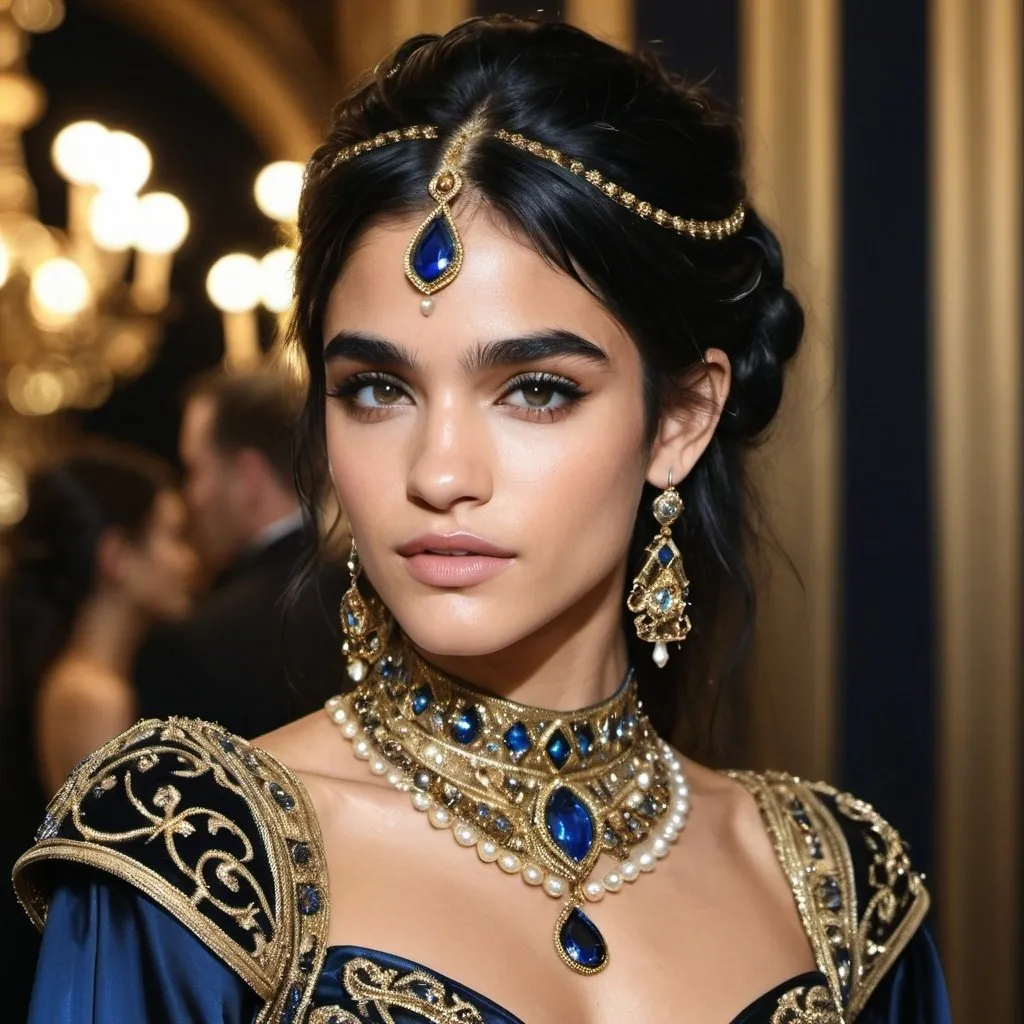 Prompt: Ingush , Sofia Boutella-like woman in a medieval style black silk and shimmering gold dress, adorned with blue and gold jewels, gold coiling bands on arms, pearl rings on fingers, hair swept up high and cascading onto left shoulder, high fashion, detailed facial features, luxurious material, highres, elegant, glamorous, sophisticated, shimmering, opulent, detailed hair, professional lighting Ingush