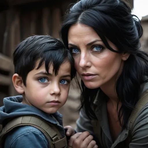 Prompt: dark black hair
the  beautiful mother's protective supports   her small  injured seven year old  blue eye son with handsome dark  black hair.  rebels, 
 gritty,  Moody light, cinematic, warzone,, terrorists,, dramatic lighting, tactical , cargo pants
