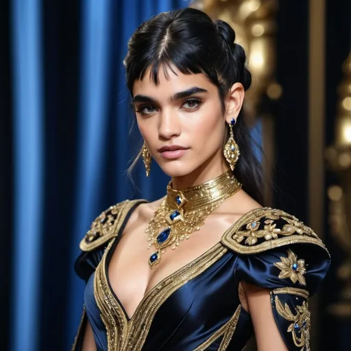 Prompt: Ingush , Sofia Boutella-like woman in a medieval style black silk and shimmering gold dress, adorned with blue and gold jewels, gold coiling bands on arms, pearl rings on fingers, hair swept up high and cascading onto left shoulder, high fashion, detailed facial features, luxurious material, highres, elegant, glamorous, sophisticated, shimmering, opulent, detailed hair, professional lighting Ingush