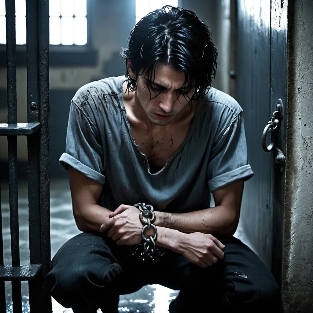 Prompt:  Gothic architecture, suffering,  kneeling, handcuffs, his black hair now longer fell over his icy blue eyes  POw, brow pinched, tattered shirt, Emaciated hands covered in bruises and prison grime,  cold stone floor, Rebels, Resistance, scars, blisters, bruises. gritty, dark, Skinny, starved, thin. tears, crying, painful, begging,, young handsome dark hair, tears, sad, sorrow,
His brow pinched, weathering wave after wave of consuming pain, weeping eyes, shackles, injury
His back to the prison cell door as it opened. Gritty, 

