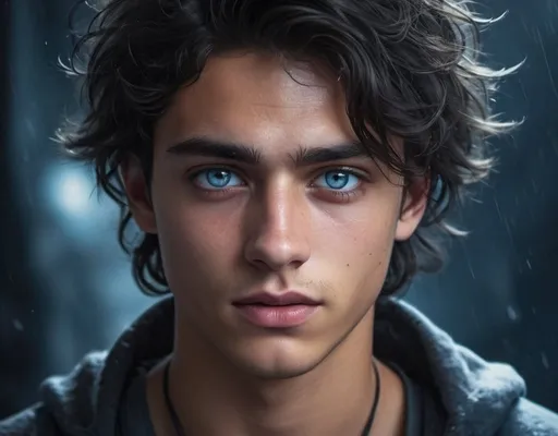 Prompt: Young tanned man with deep black disheveled hair, cool-toned digital illustration, icy blue eyes,  tears in his eyes, 15 years old, a strong jaw Tim Chamalet-like appearance, Rhysand's manners, detailed facial features, moody lighting, fantasy, cool tones, highres, digital art, detailed eyes, disheveled hair, atmospheric lighting, detailed facial features