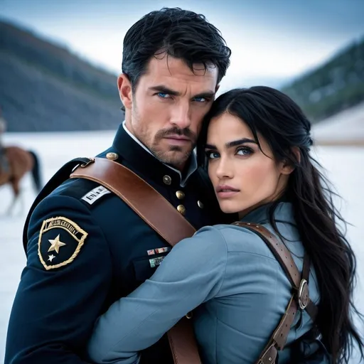 Prompt: beautiful woman  soldier with sofia Boutella Cradleboard on her back, dusty western setting, handsome dark hair man with icy blue eyes, mamabear, defender,  intense action, realistic, rugged, dramatic lighting, midwest, high quality, action, dramatic, midwestern, intense, detailed faces, strong woman, dynamic composition