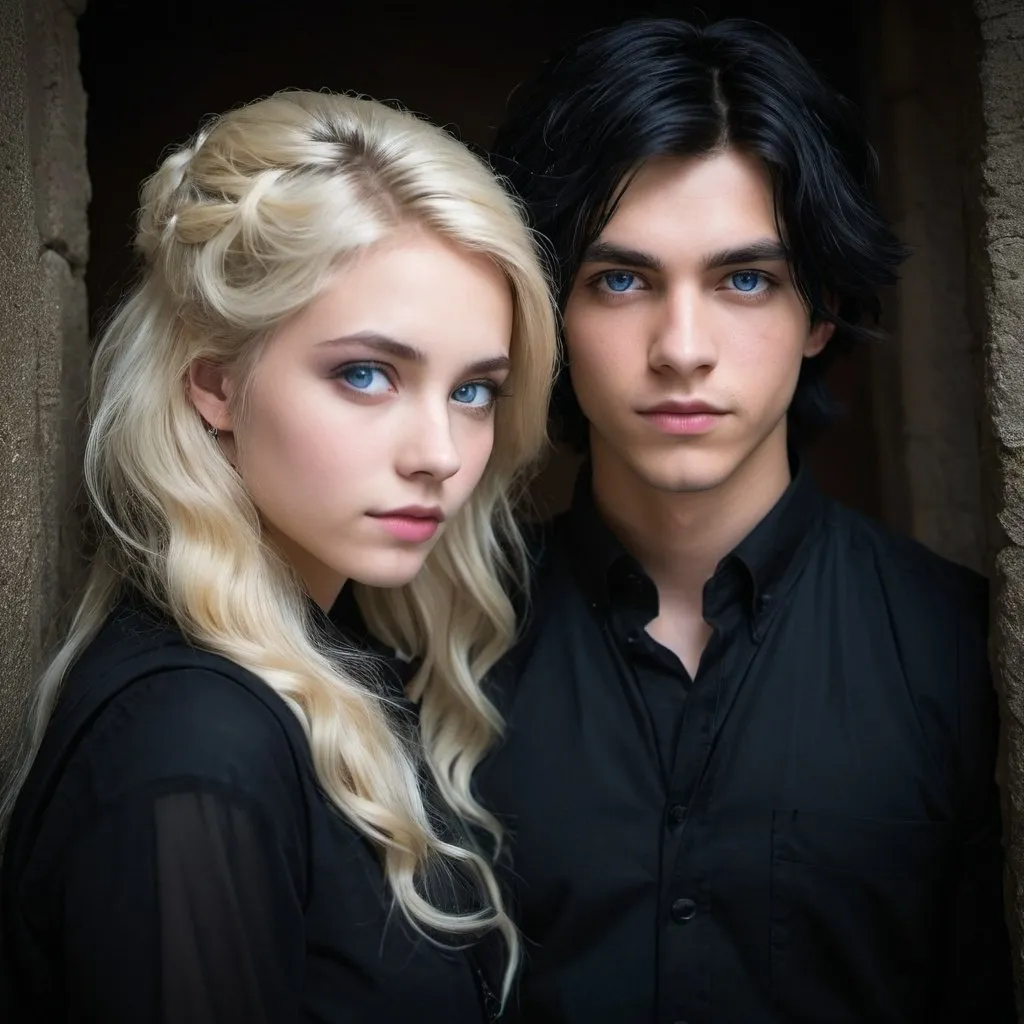 Prompt: handsome, black hair, blue-eyed 16 year old male, with older blond wavy hair girlfriend, black gothic temple setting, Refugee, intense low light atmosphere, dramatic lighting, dynamic composition, gritty,, captive, rebellious, dramatic lighting, professional lighting