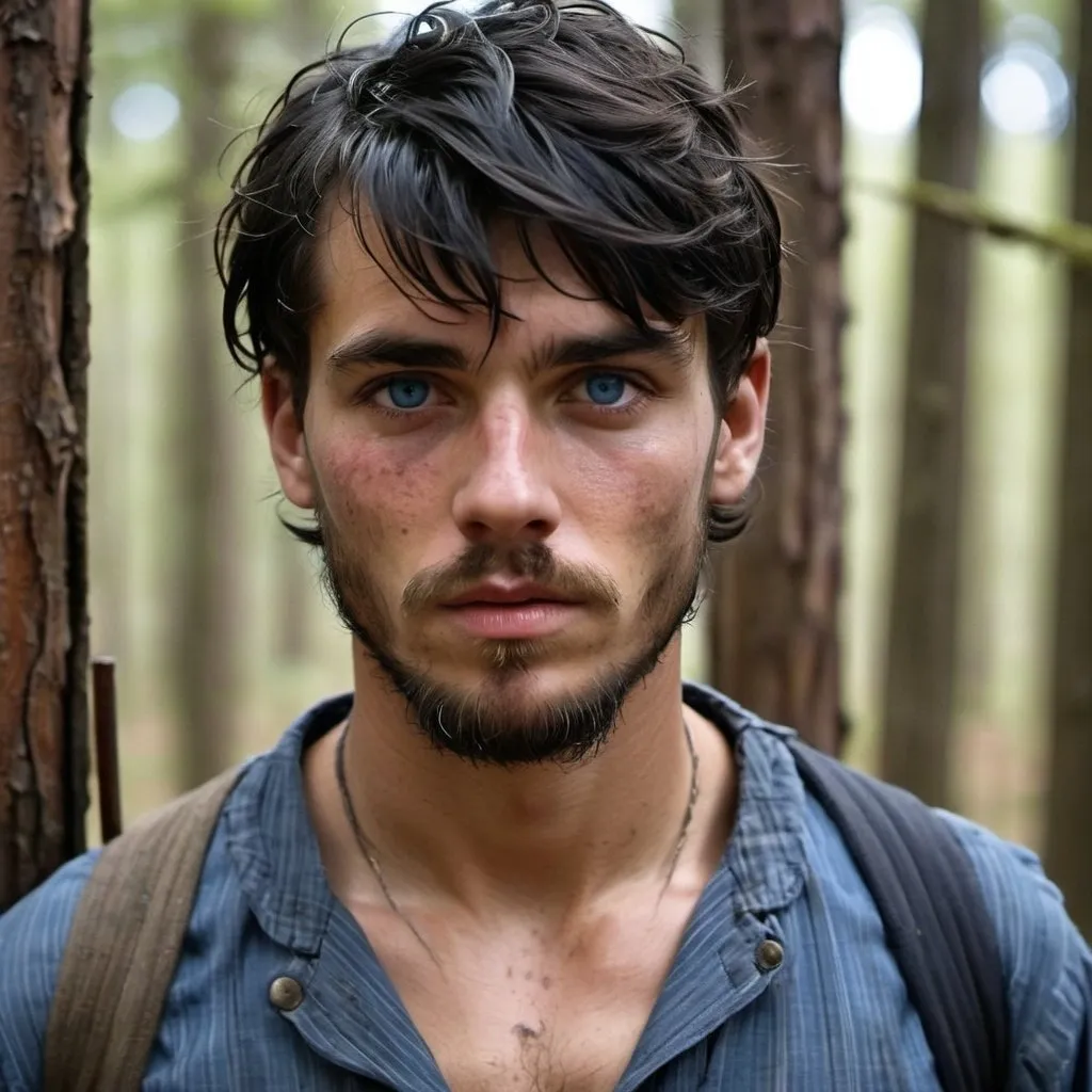 Prompt: Handsome but thin, 22-year-old with longish black hair and bangs, gaunt, beard and intense blue eyes, bruises, convict, thin, escaped, injured, in woods,  big beard, escaping 1880's prison, tattered , ripped, old, dirty clothes, gaunt, battle injury, future, rebels, war, refugee rebels, gritty, 