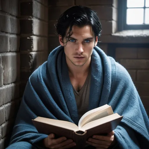 Prompt:  wet hair soaked, young man with black hair and blue eyes,  wrapped  in a gray wool blanket, Holds a open book in front of him. Book has a blue Council stamp, rustic prison cell room, no room, one caged light.
   injured, resistance, rebels, underground, cinematic, dramatic, moody lighting, gritty, table scene, detailed facial expressions, professional, highres, cinematic lighting, dramatic storytelling