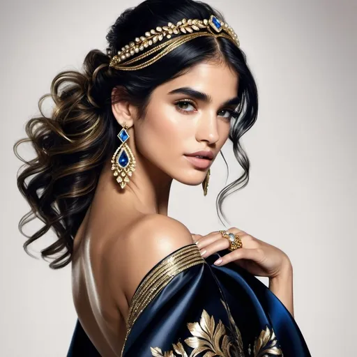 Prompt: Sofia Boutella-like woman in elegant black silk and shimmering gold dress, adorned with blue and gold jewels, with gold coiling bands on arms, pearl rings on fingers, hair swept up high and cascading onto left shoulder, high-end fashion illustration, detailed features, elegant and luxurious, professional, highres, glamorous, detailed hair, sophisticated style, luxury, golden and royal hues, soft and warm lighting