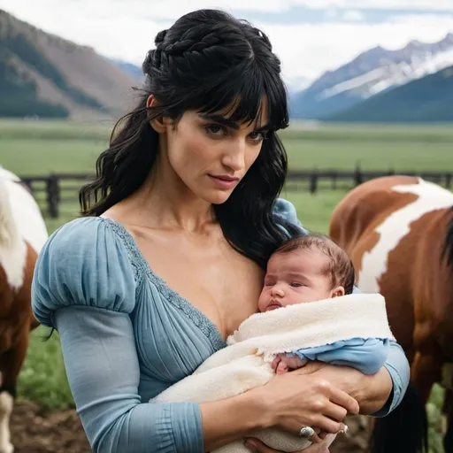 Prompt:   woman with sofia Boutella features holding a new born baby girl  in her arms with  dark hair, icy blue eyes, western, set in travel, midwest farm
