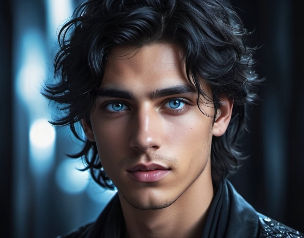 Prompt: Young arab man with deep black disheveled hair, cool-toned digital illustration, icy blue eyes, 18 years old, Eric Roberts-like appearance, Rhysand's manners, detailed facial features, moody lighting, fantasy, cool tones, highres, digital art, detailed eyes, disheveled hair, atmospheric lighting, detailed facial features